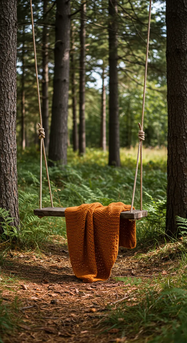 Eenvoudige houten schommelplank tussen bomen in het bos, met een okergele gebreide plaid.