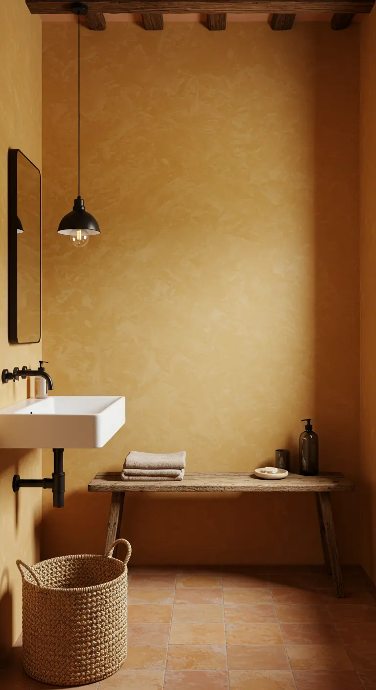 Badkamer met okergele kalkverf muren, houten bankje en terracotta vloertegels.
