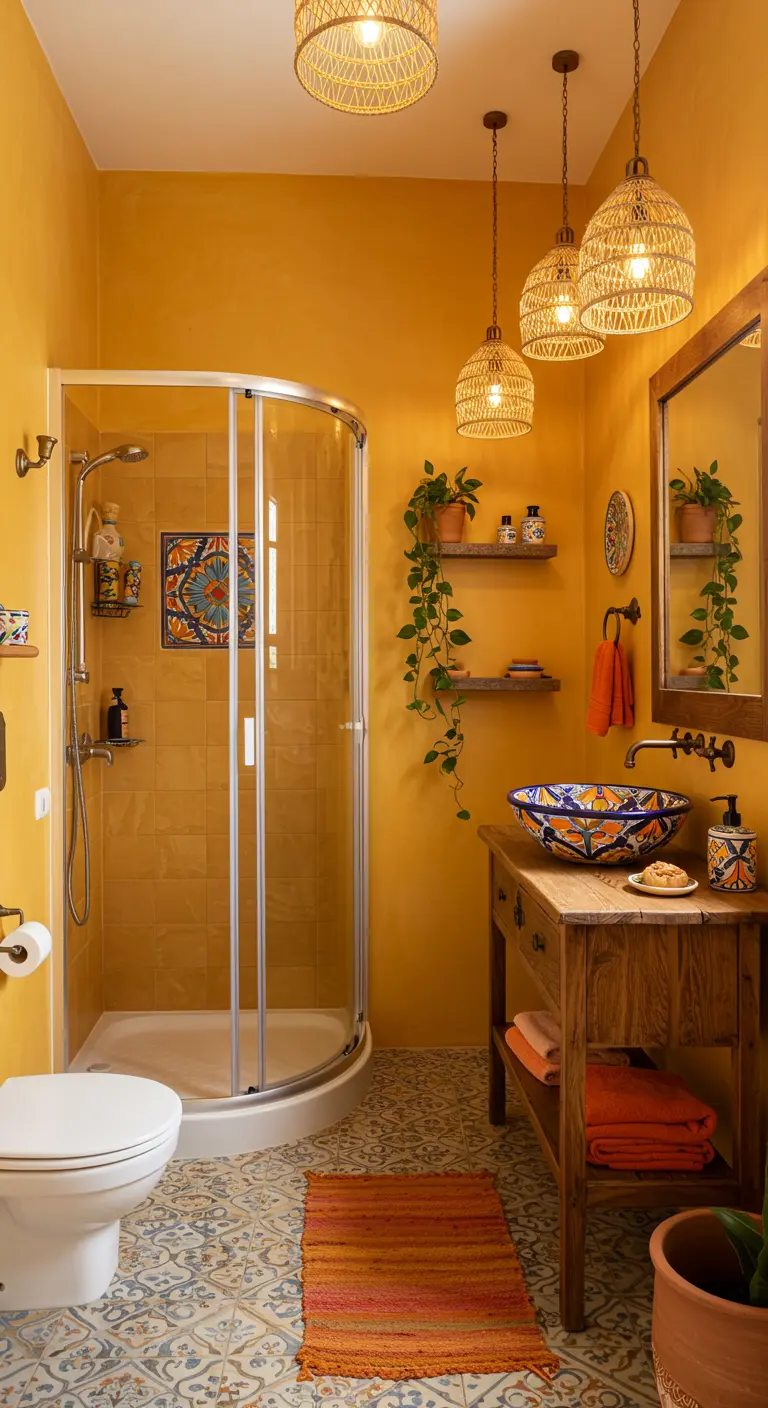 Bohemian badkamer met okergele muren, patroontegels en rieten lampen.