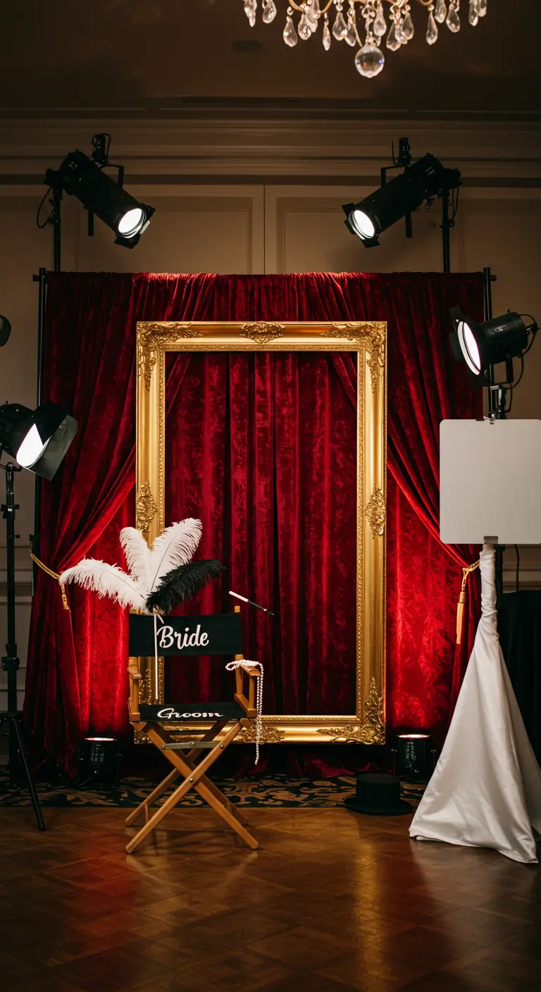 Old Hollywood photobooth met rode fluwelen achtergrond, gouden lijst, regisseursstoel en props.