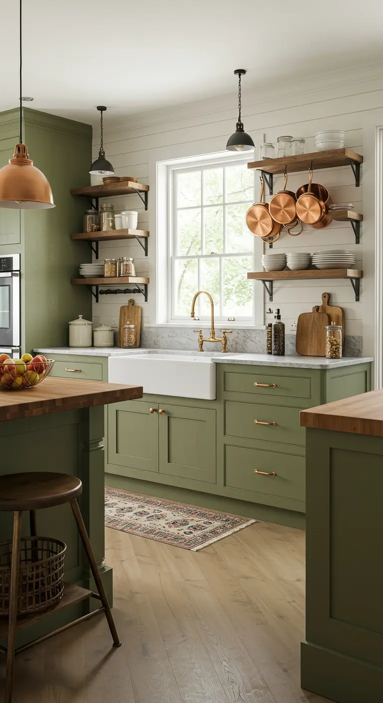 Farmhouse keuken met olijfgroene kasten en een witte shiplap muur.