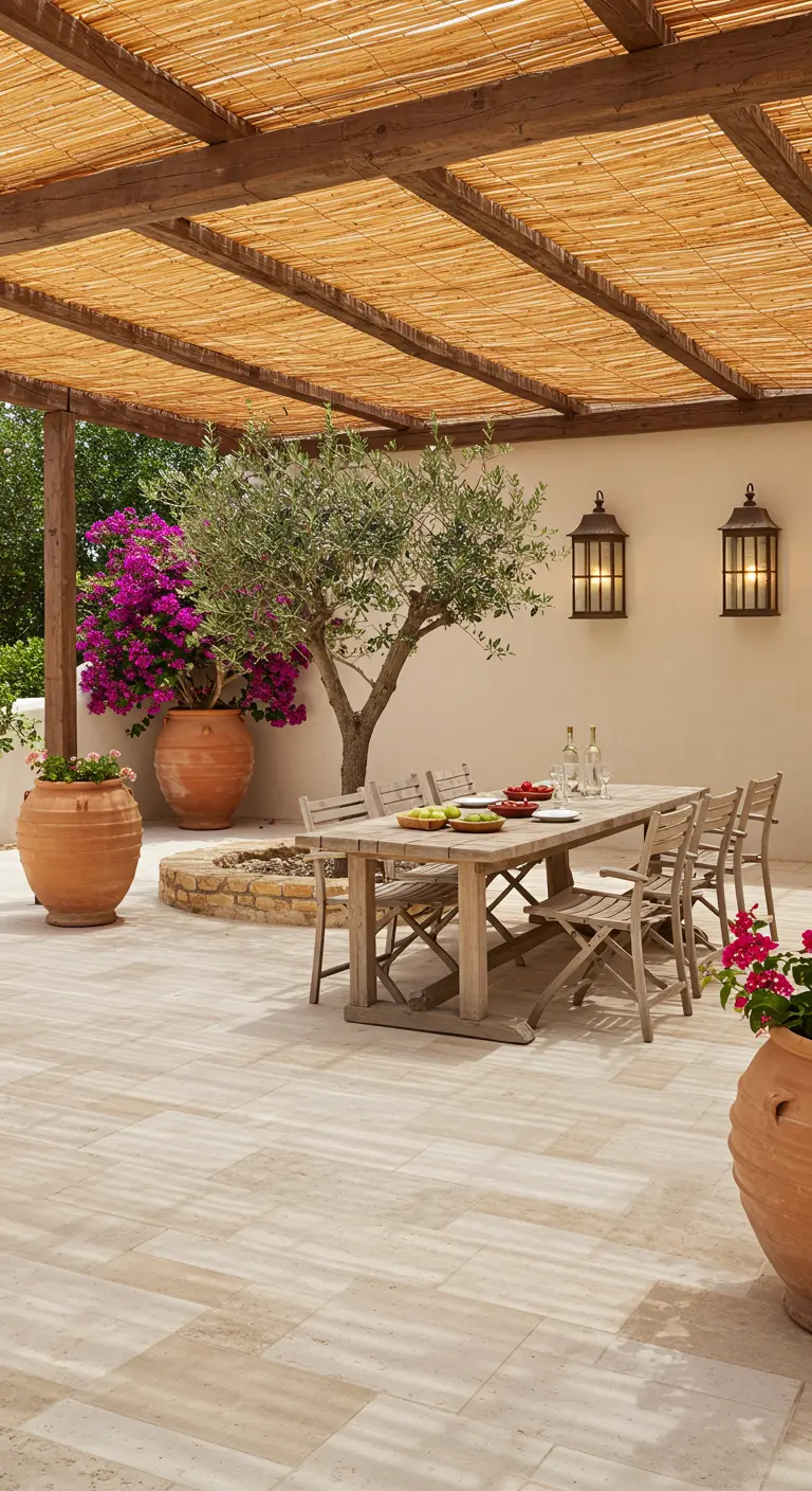 Mediterrane patio met houten pergola, olijfboom, terracotta potten en grote eettafel.