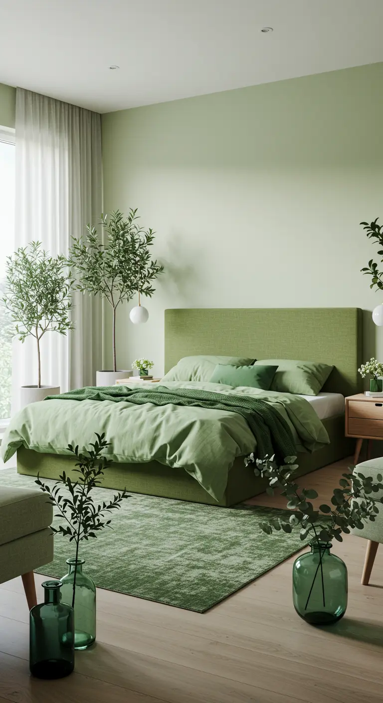 Monochroom groene slaapkamer, grote olijfbomen in potten, lichtgroen bed, houten nachtkastjes.
