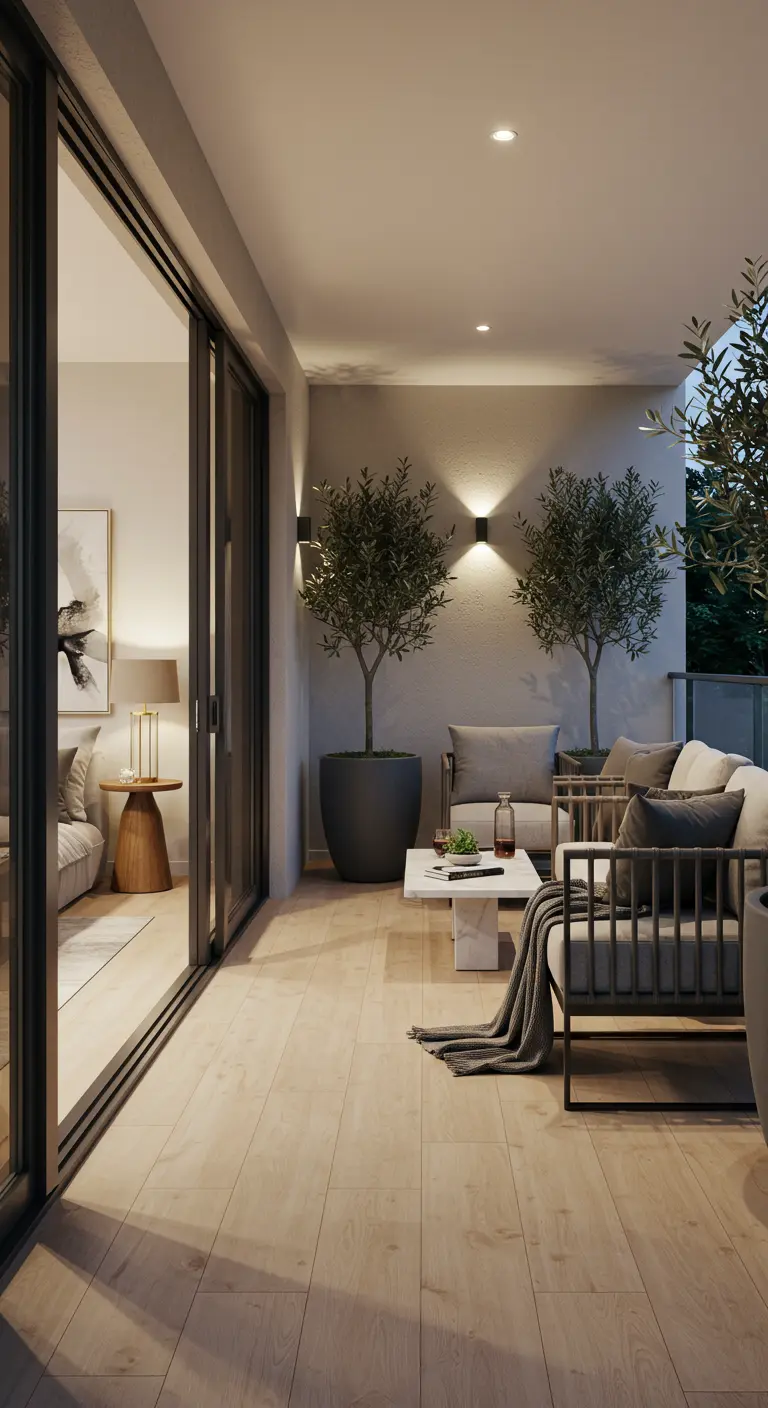 Modern balkon met twee olijfbomen in grote potten, loungestoelen en sfeervolle wandverlichting.
