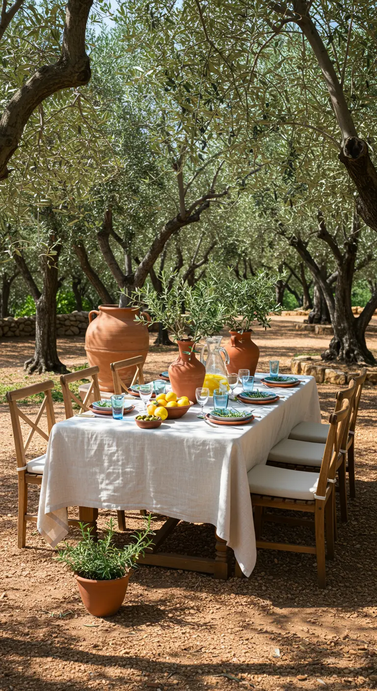 Lange tafel met wit kleed in olijfgaard, gedecoreerd met terracotta vazen, olijftakken en citroenen.