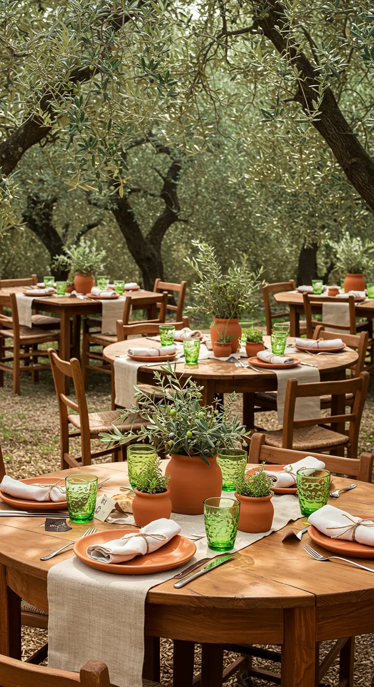 Gedekte tafels in olijfgaard met terracotta potten, olijftakken en groene glazen.