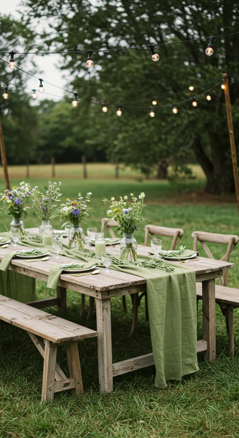 Rustieke houten tuintafel met olijfgroene loper, servetten en veldboeketten.