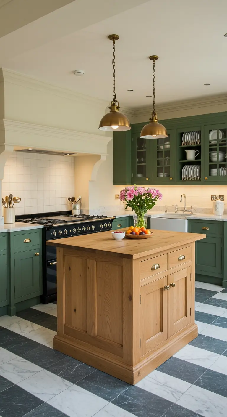 Klassieke keuken met olijfgroene kasten, houten eiland en zwart-wit gestreepte vloer.