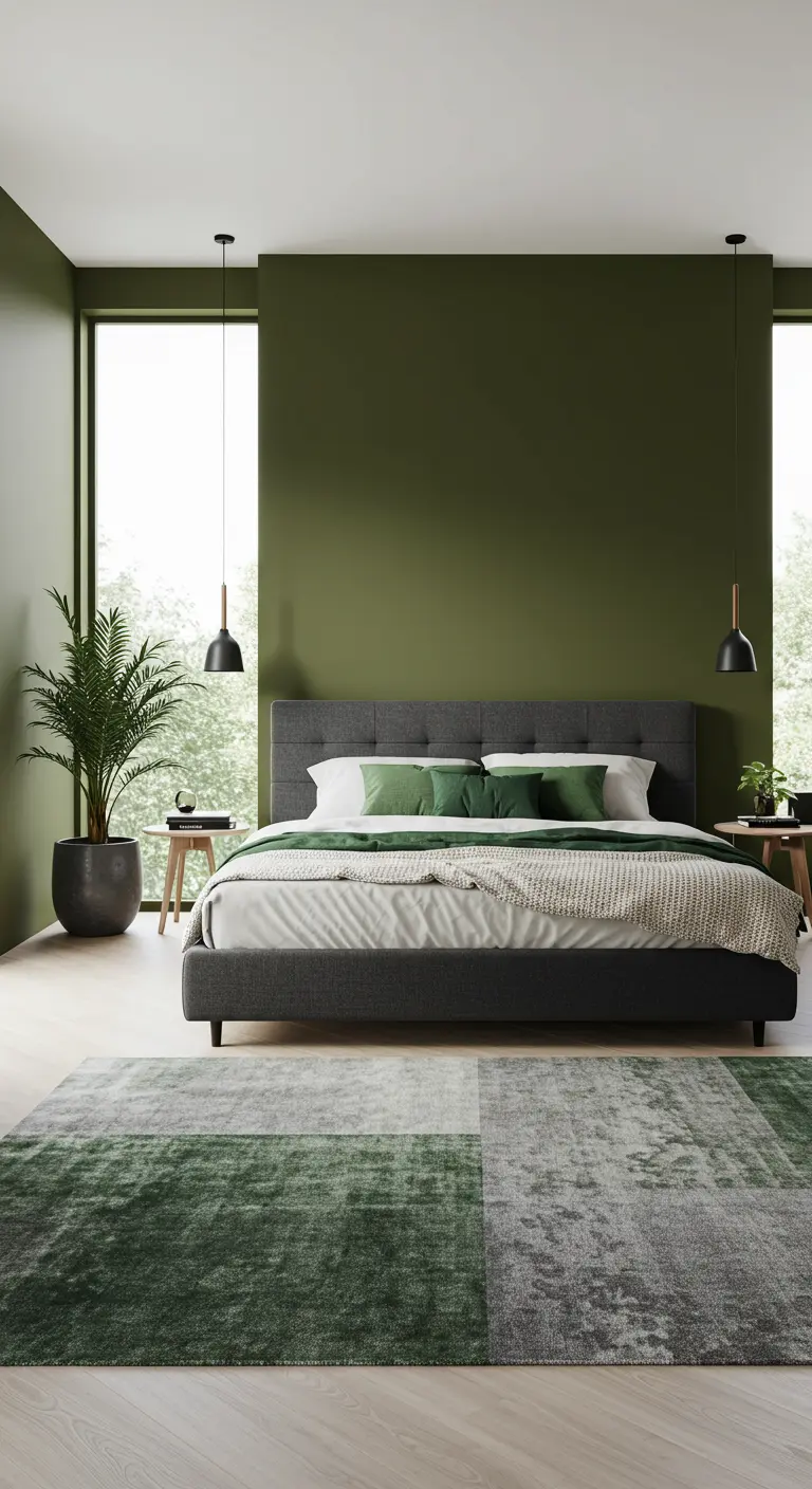Slaapkamer met olijfgroene accentmuur, grijs bed, abstract groen/grijs vloerkleed, grote plant.