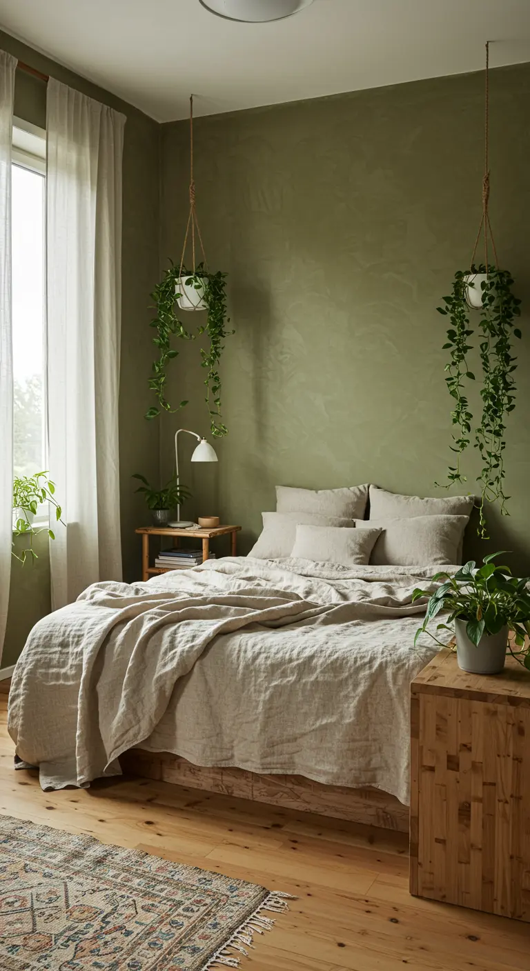Slaapkamer met olijfgroene muren, linnen beddengoed en hangplanten.