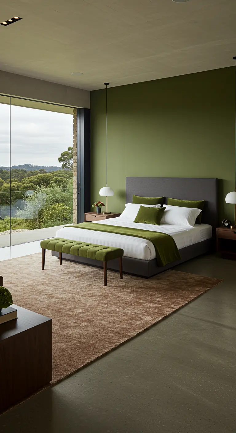 Moderne slaapkamer met olijfgroene accentmuur, grote ramen met uitzicht, grijs bed, groene bench.