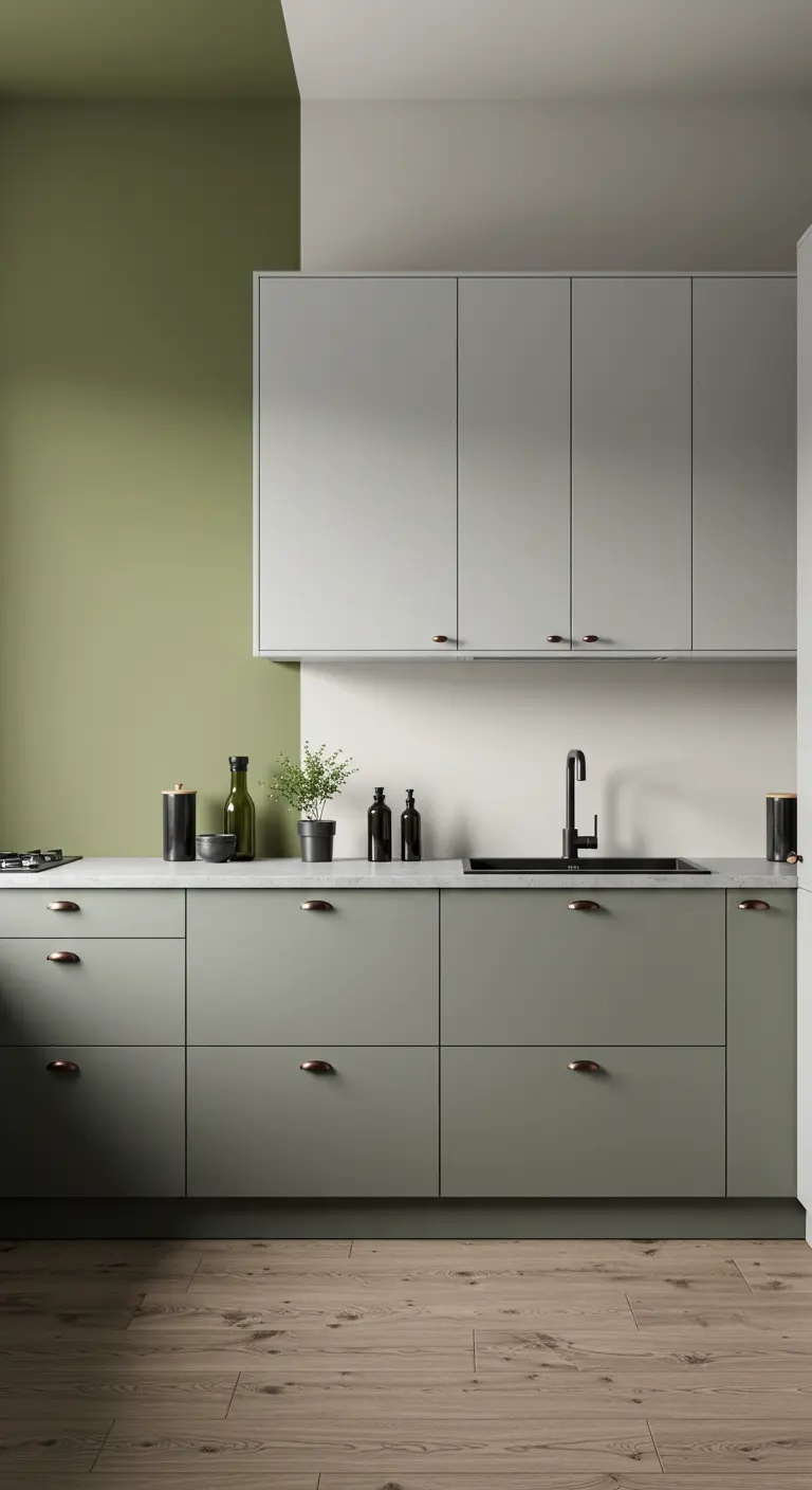 Keuken met een olijfgroene accentmuur, lichtgroene onderkasten en witte bovenkasten.