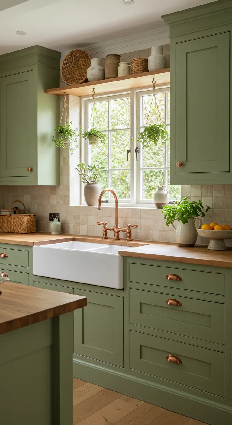 Landelijke olijfgroene keuken met houten werkblad en koperen kraan.
