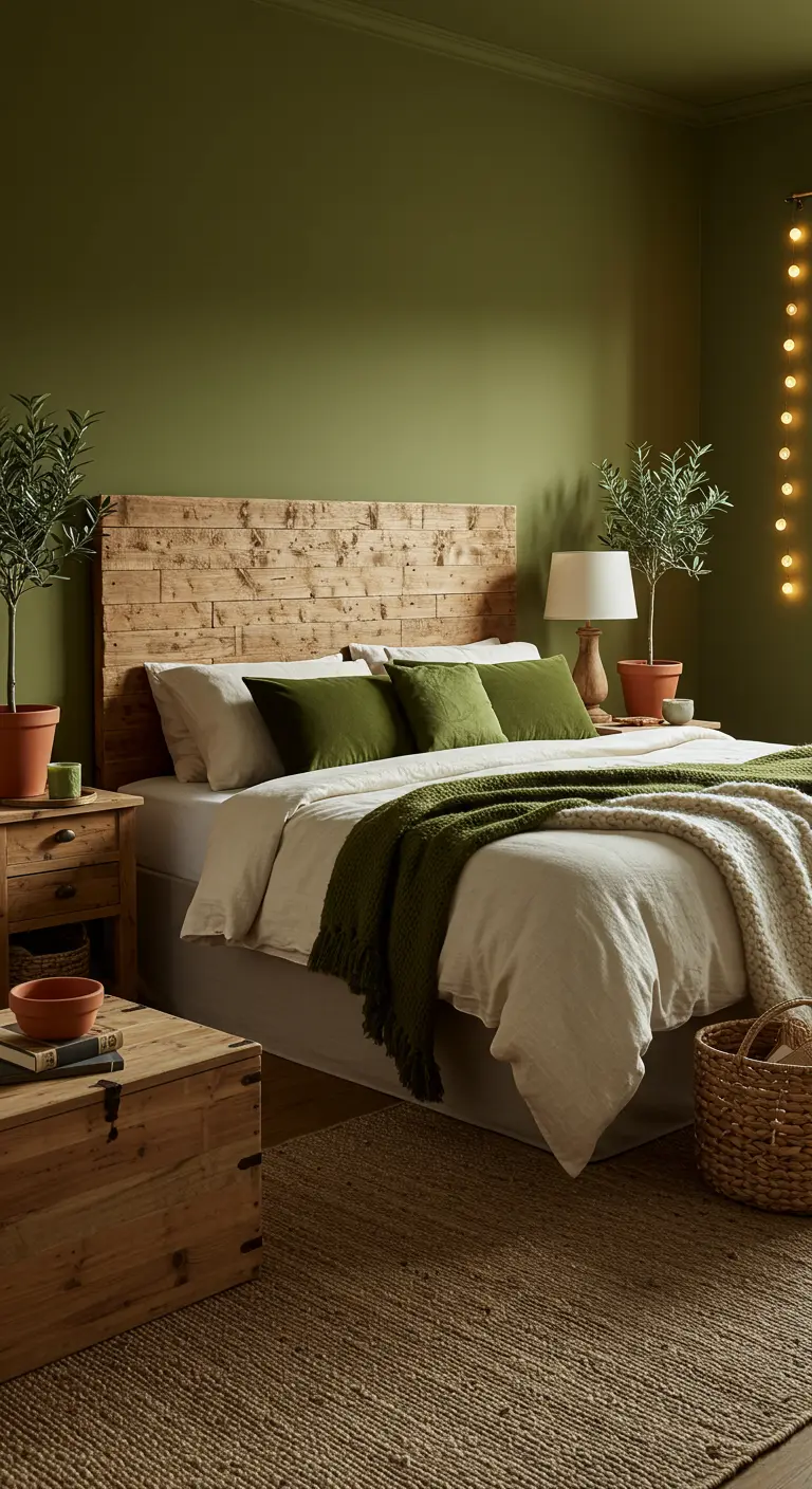 Slaapkamer met olijfgroene muur, houten hoofdbord, terracotta potten met olijfbomen, string lights.