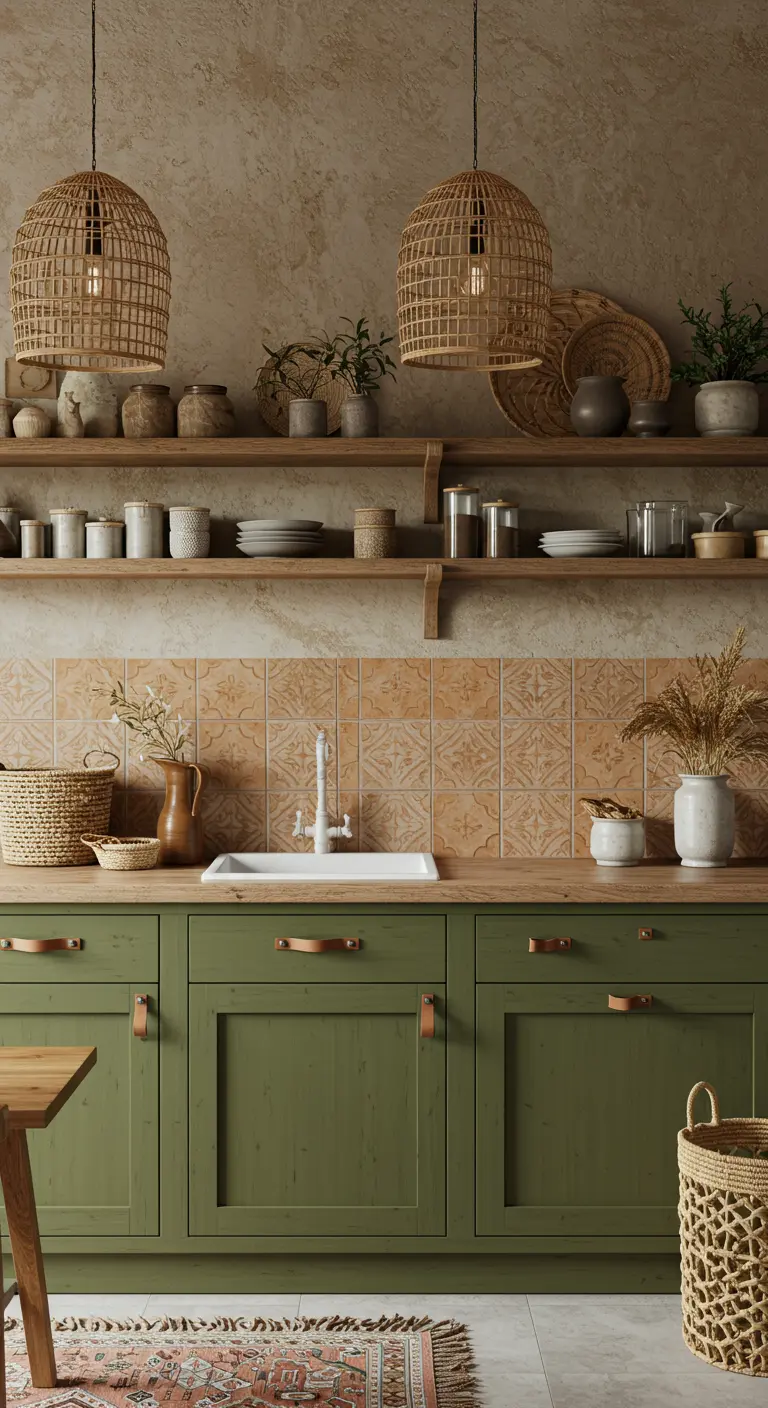 Boho keuken met olijfgroene kasten, rotan lampen en houten planken.