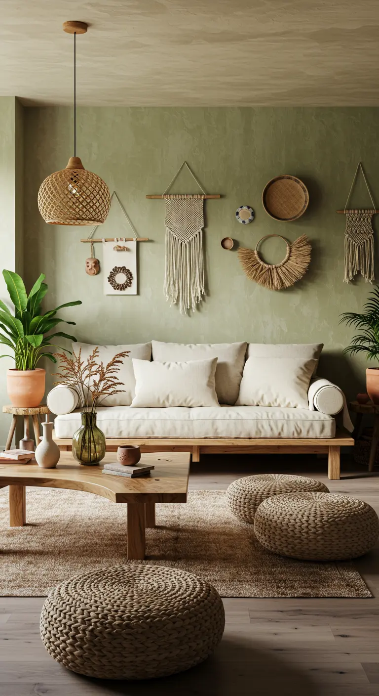 Boho woonkamer met olijfgroene muur, houten bank, rotan en veel planten.
