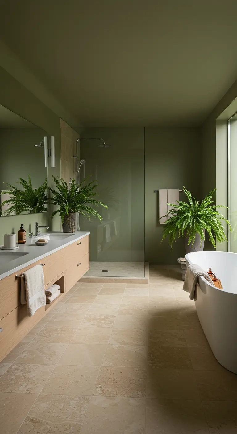 Badkamer in olijfgroen met houten meubel, grote planten en crèmekleurige vloer.