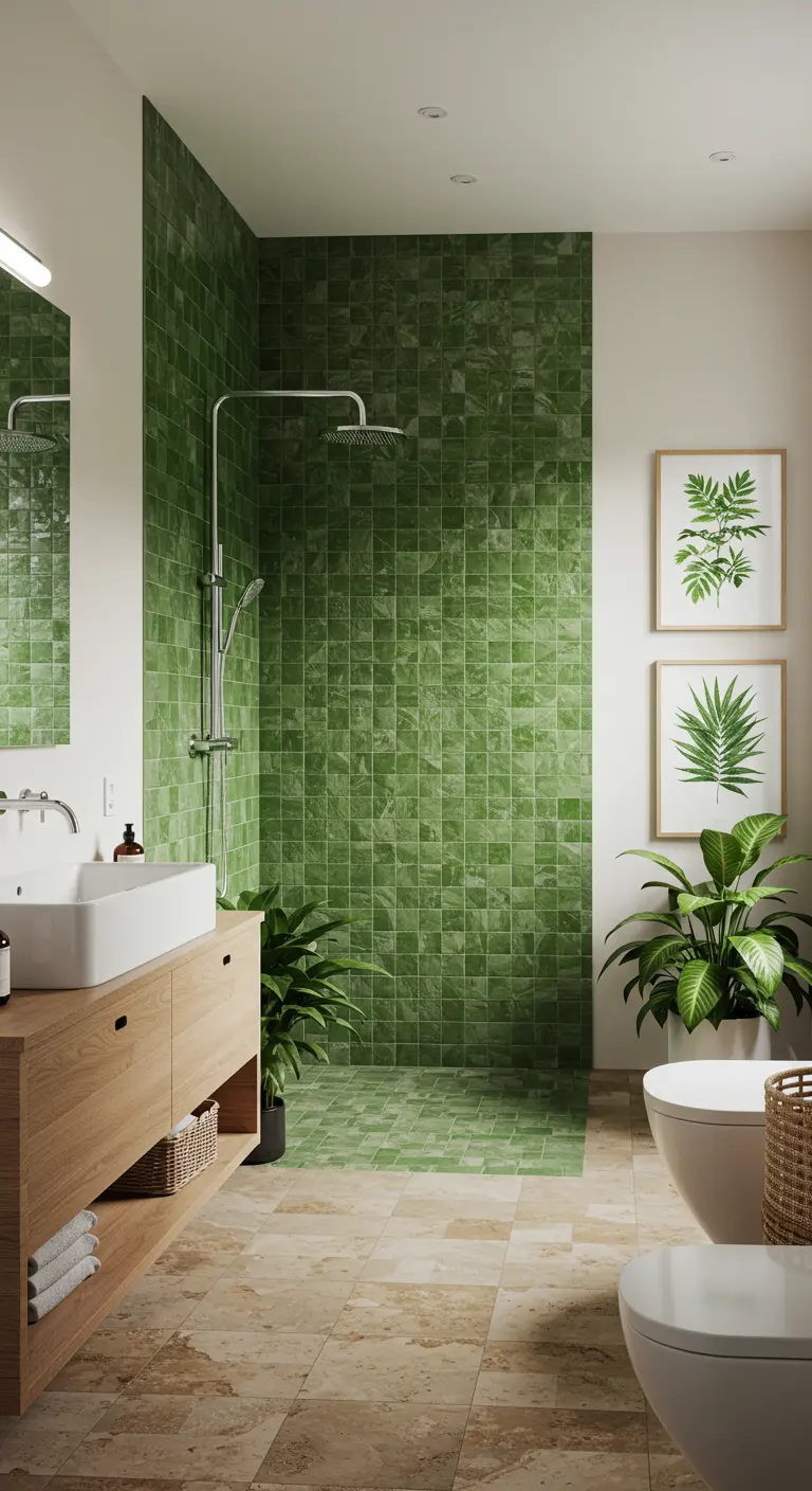 Badkamer met olijfgroene mozaïektegels in de douche, houten meubel en botanische kunst.
