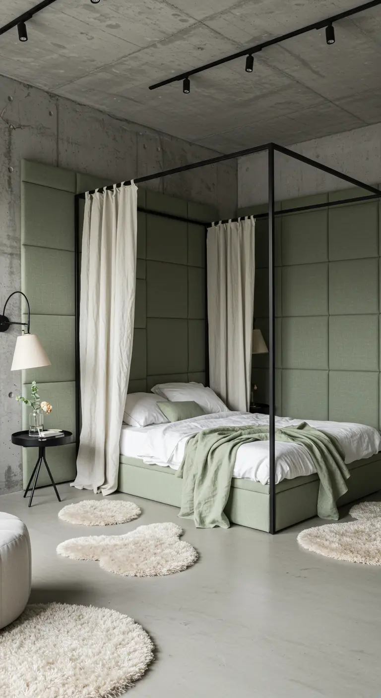 Moderne slaapkamer met betonvloer, olijfgroene wandpanelen en hemelbed.