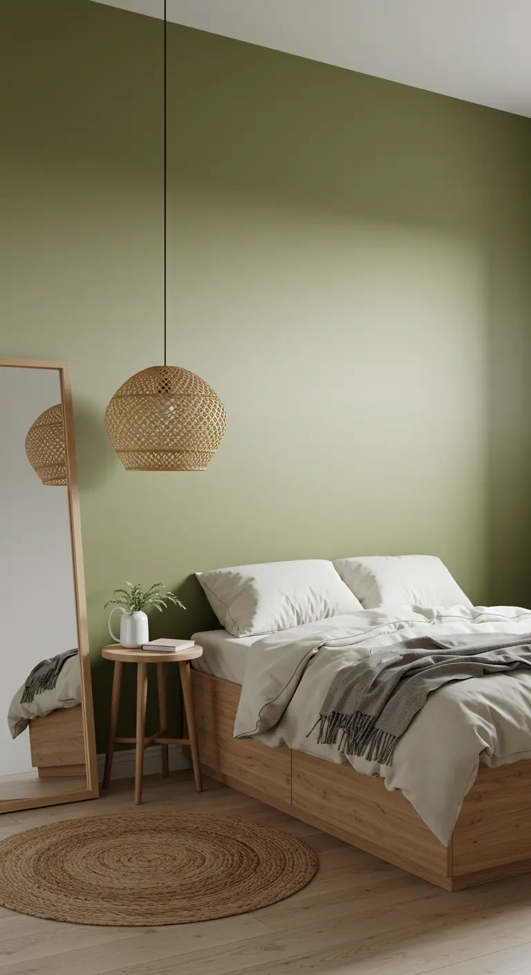 Minimalistische slaapkamer met een subtiel olijfgroen kleurverloop op de muur.