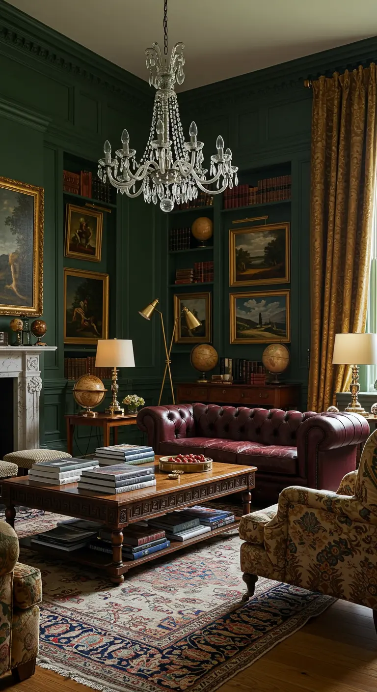 Klassieke donkergroene woonkamer met Chesterfield bank en kroonluchter.