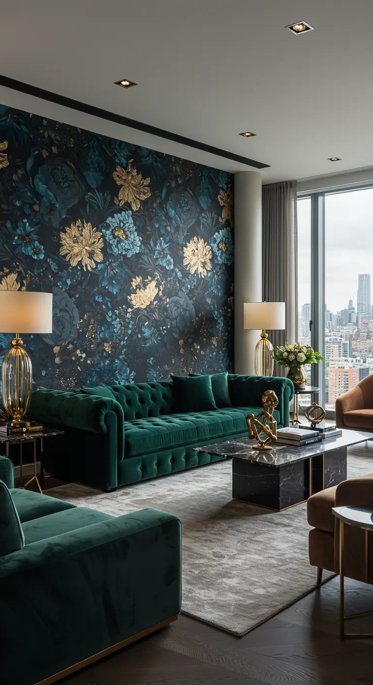 Luxe woonkamer met donker bloemenbehang, smaragdgroene bank en gouden accenten.