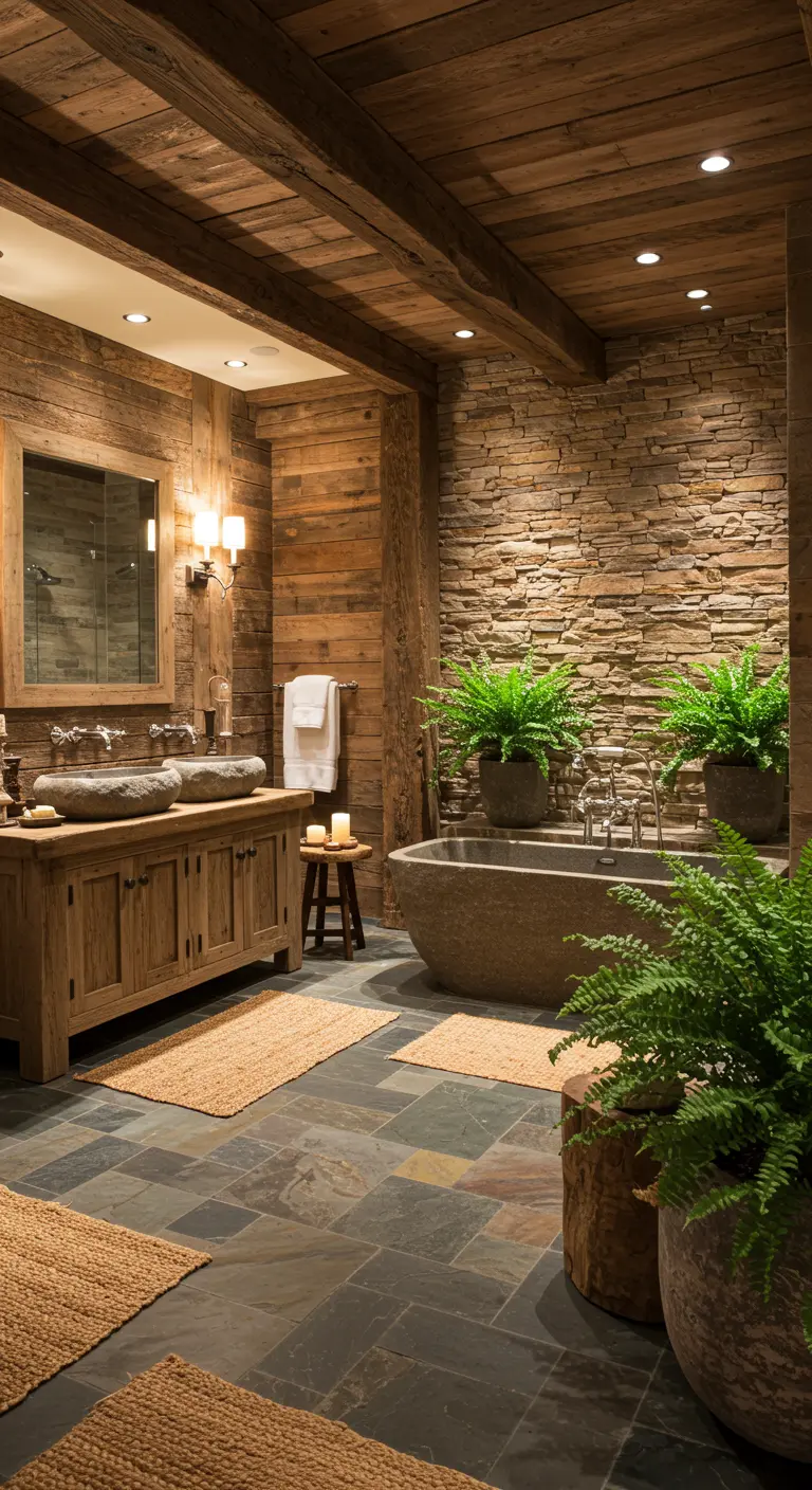 Rustieke badkamer met veel hout, natuurstenen bad en waskommen, en varens.