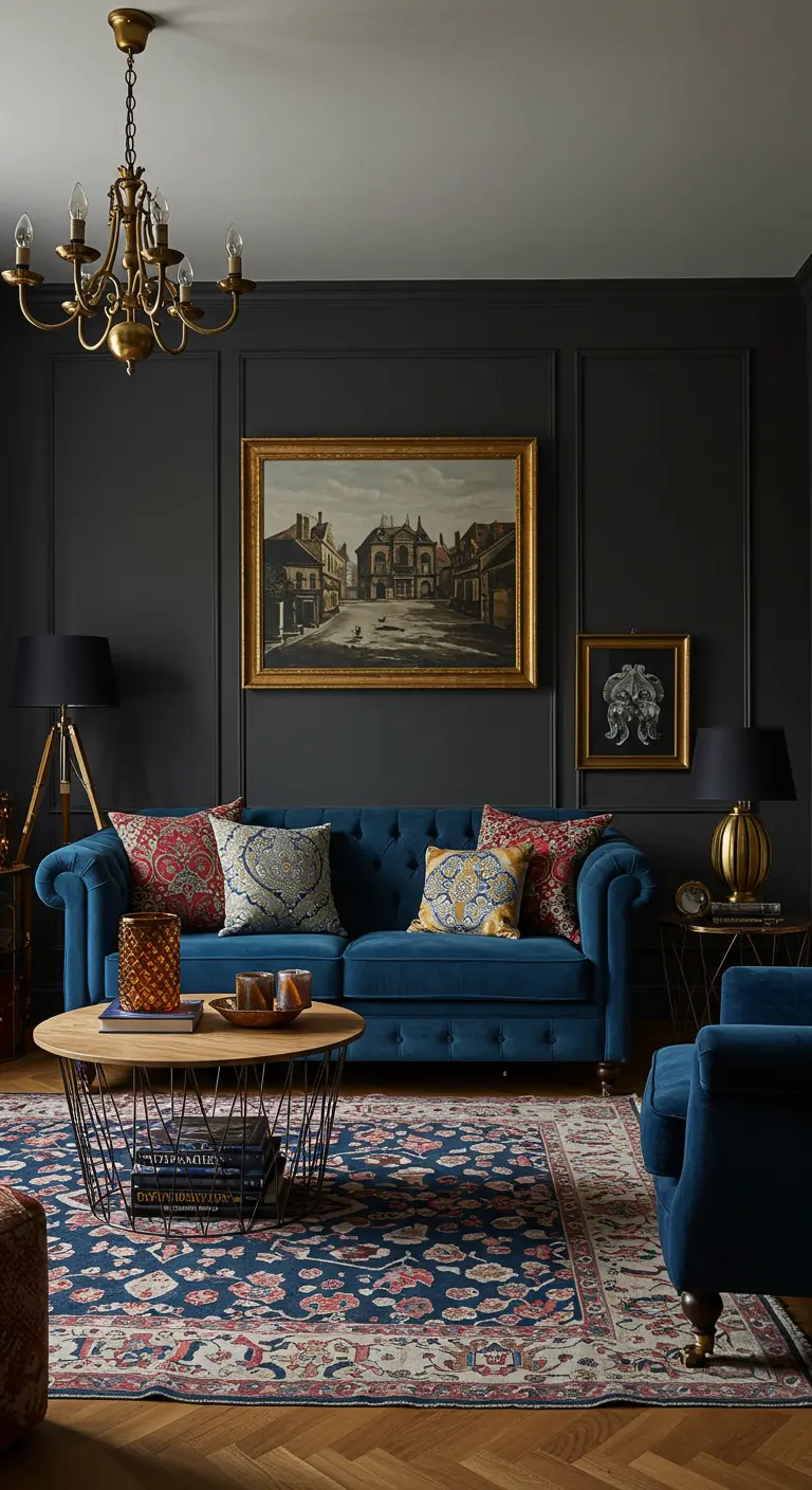 Donkere woonkamer met marineblauwe fluwelen bank, gouden accenten en klassieke kunst.