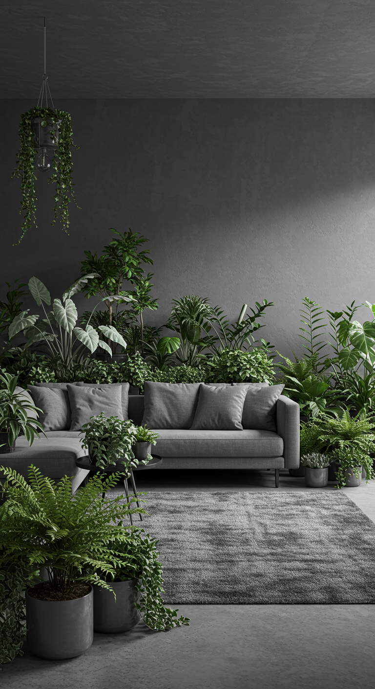 Grijze bank omringd door een dichte verzameling groene planten tegen een grijze muur.