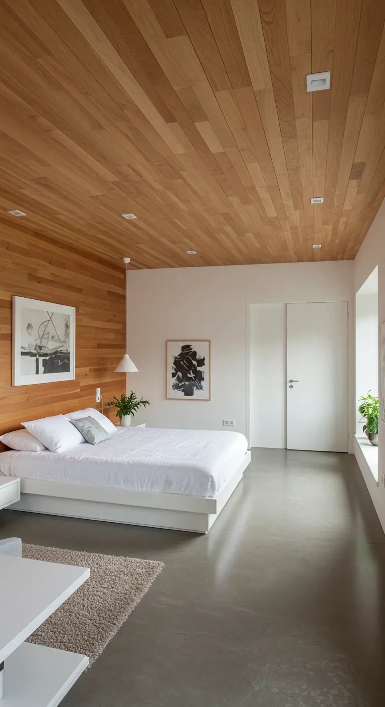 Moderne slaapkamer met houten accentmuur die doorloopt op het plafond, boven een wit bed.