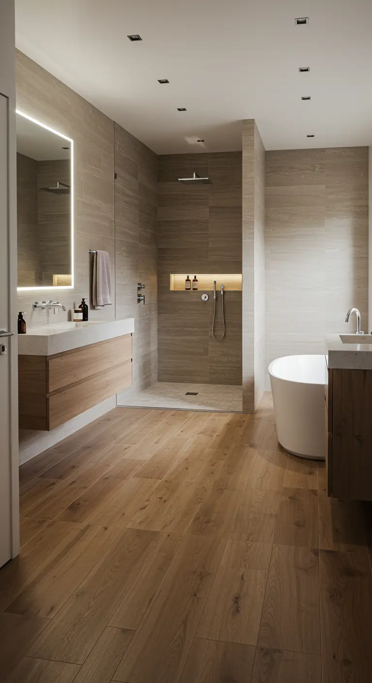 Badkamer met houtlook tegels op vloer en wanden, inloopdouche met verlichte nis.