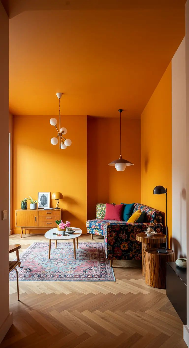 Woonkamer waarbij zowel de muren als het plafond in een warme oranjetint zijn geschilderd.