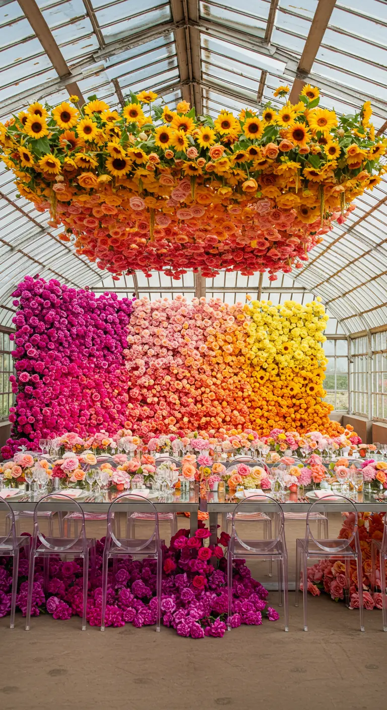 Grote bloemenwand in ombre kleuren van fuchsia naar geel in een kas met zonnebloemen