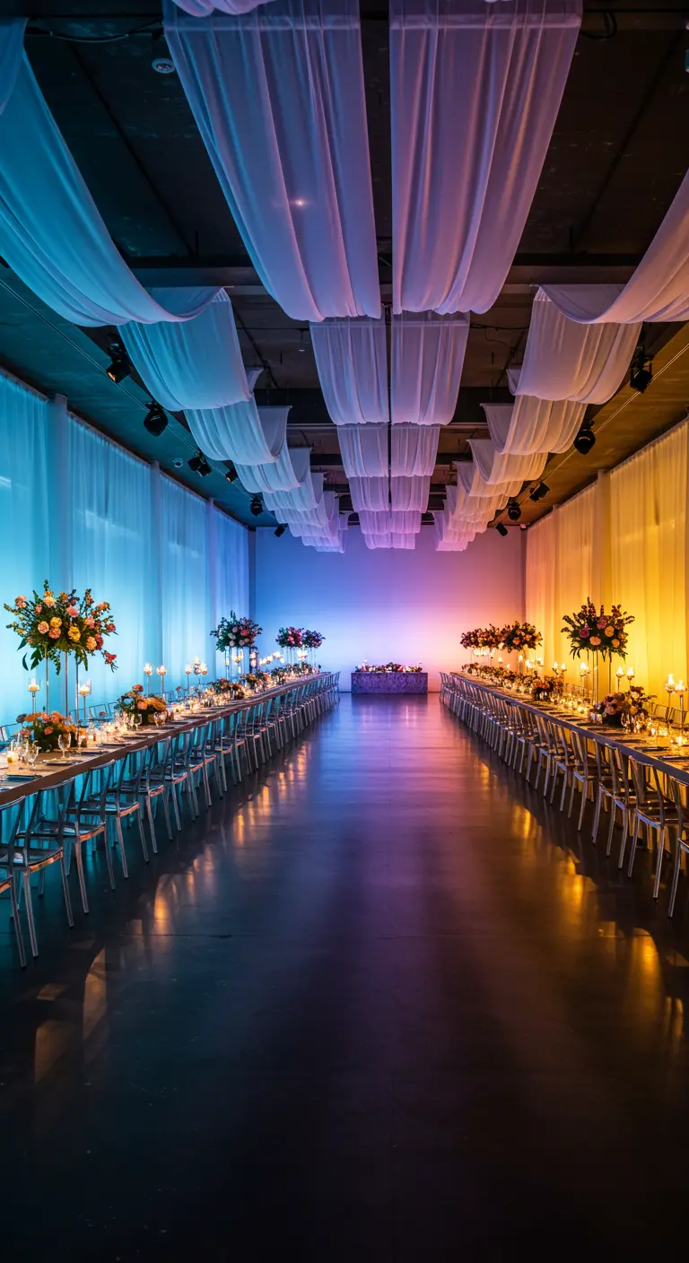 Lange zaal met ombre verlichting die van blauw naar oranje en wit naar warm kleurt
