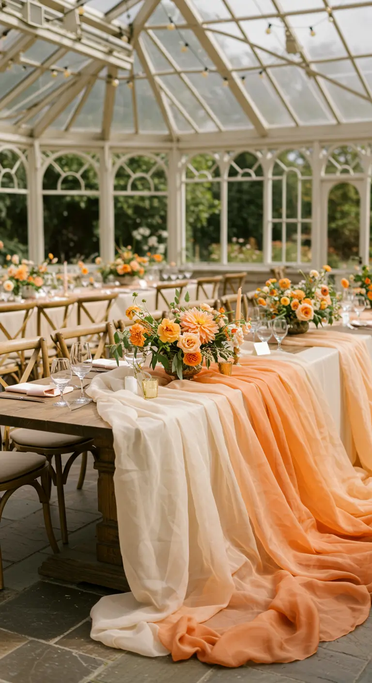 Tafel met een ombré loper van crème naar perzik, met bijpassende bloemen.