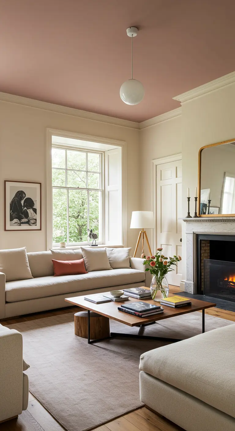 Woonkamer met witte muren en een zachtroze geschilderd plafond.