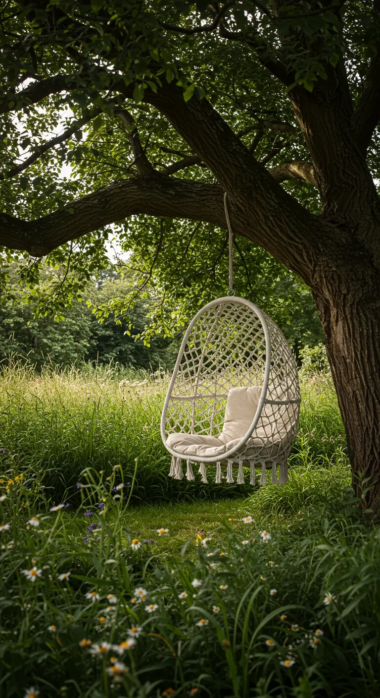 Witte macramé hangstoel hangend aan een grote boom in een veld met wilde bloemen.