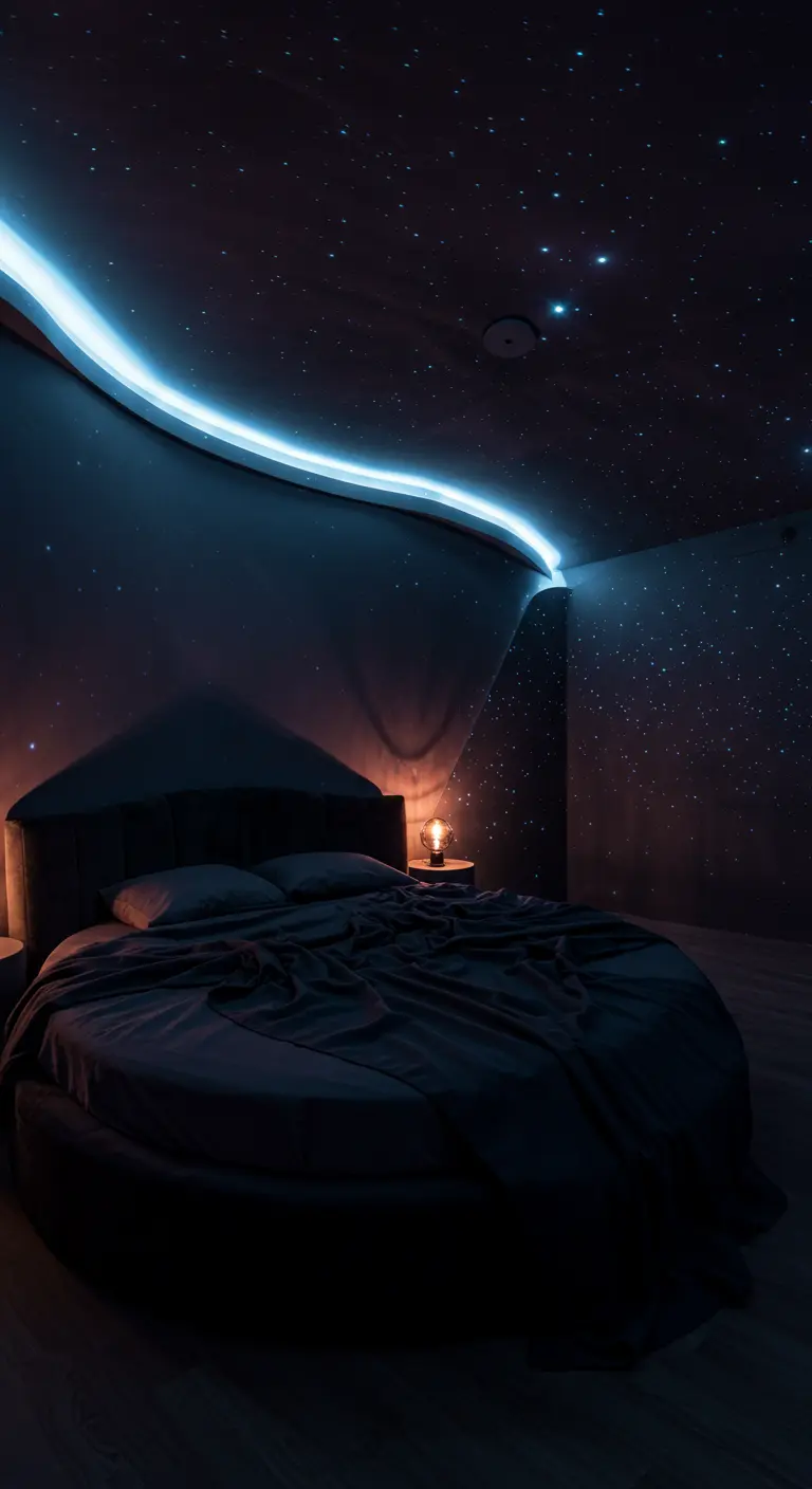 Donkere slaapkamer met een rond bed en een sterrenhemel geprojecteerd op het plafond.