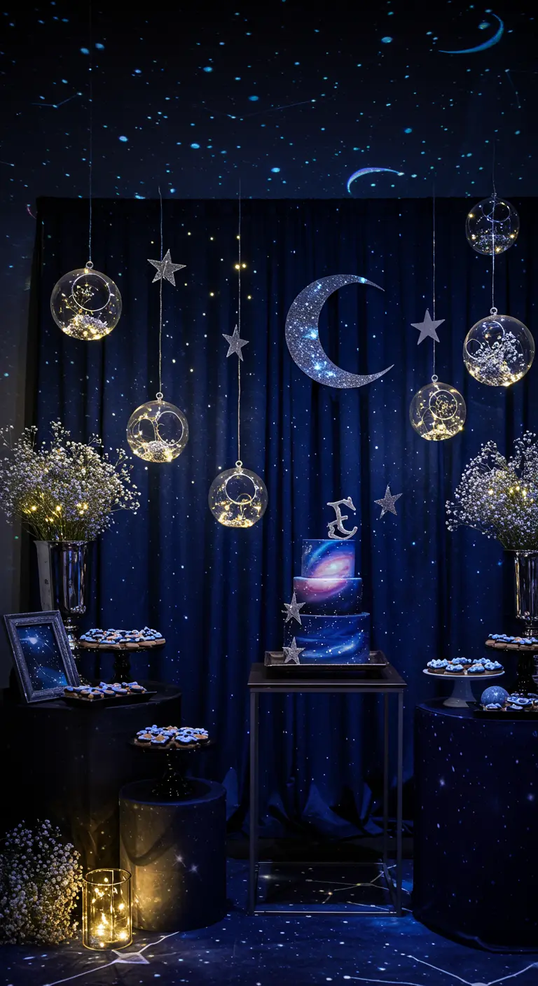 Sterrennacht thema verjaardagsdecoratie met donkerblauwe doeken, lichtjes, sterren en maan.