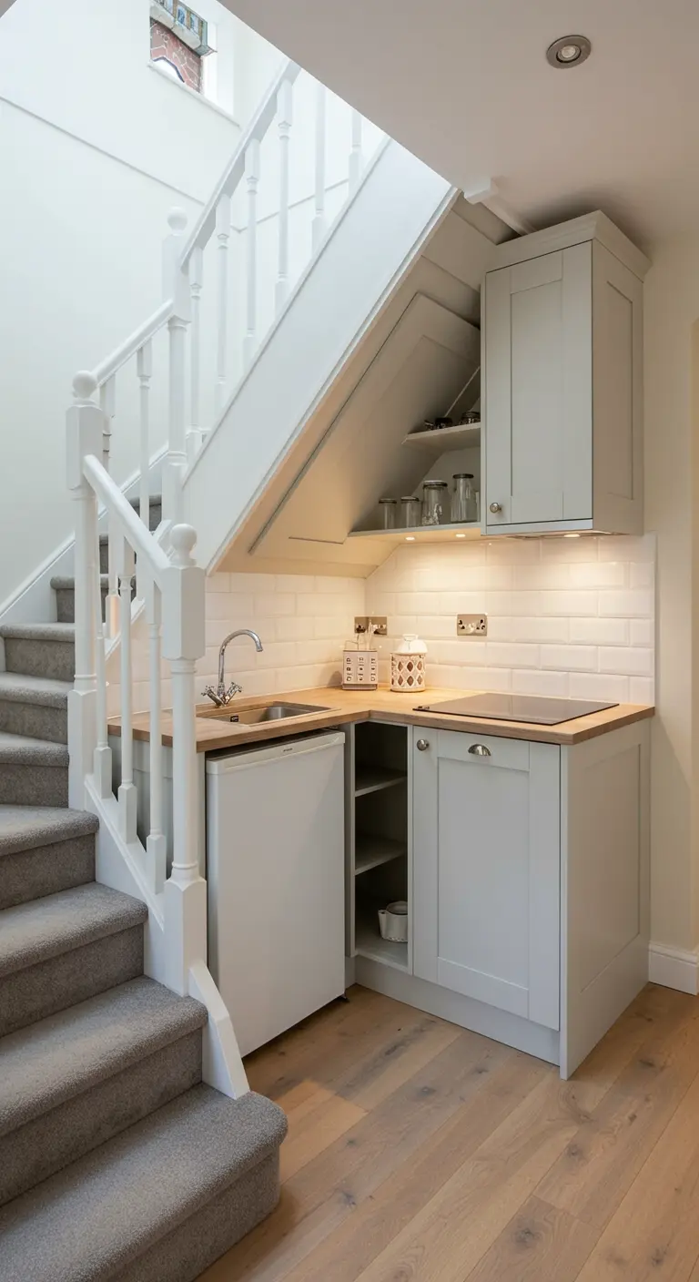 Compacte keuken slim ingebouwd onder een witte trap, met houten werkblad en witte tegels.