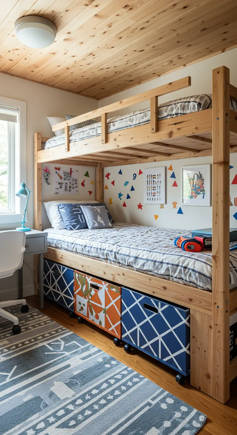 Houten stapelbed met kleurrijke opbergbakken op wieltjes eronder, in een kinderkamer.