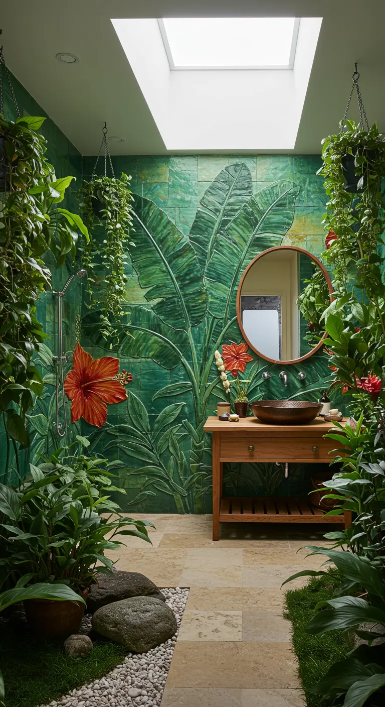 Tropische badkamer met een muurschildering van grote groene bladeren en rode bloemen, en hangplanten.