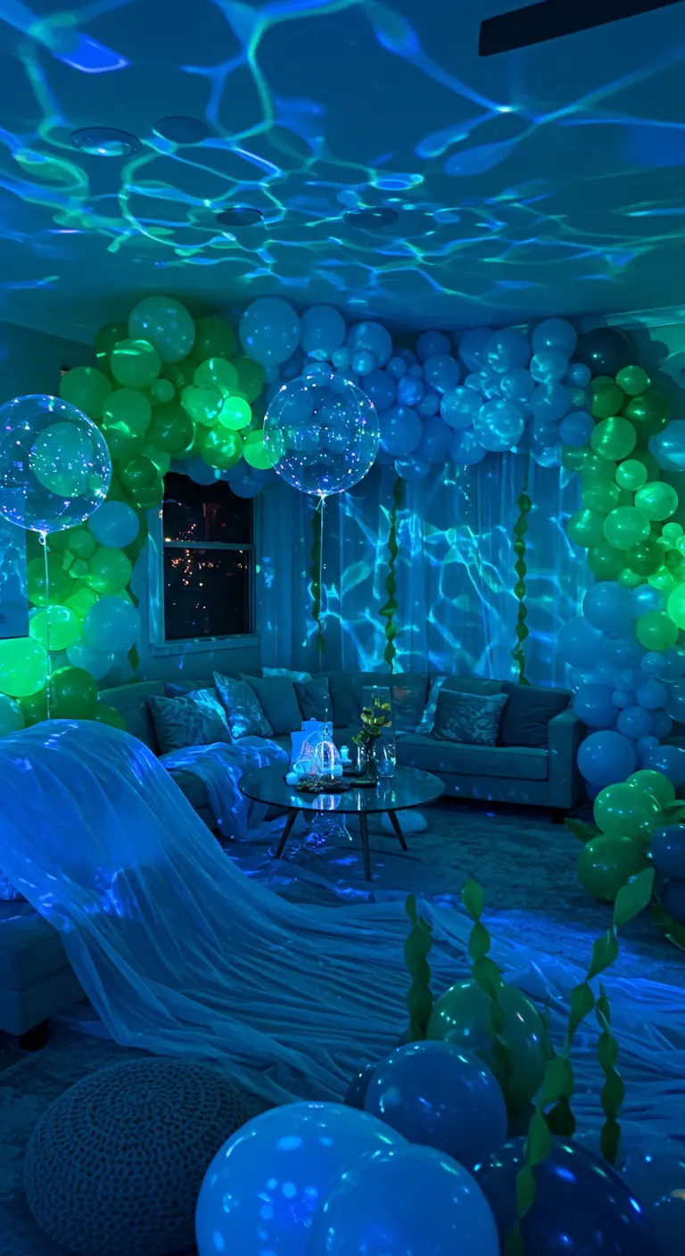 Onderwater thema kamer met blauw-groene ballonnen, waterprojectie en golvende stoffen.