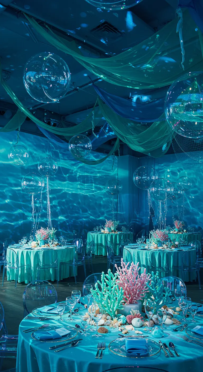 Magische onderwaterwereld eetkamer met blauwe en groene tinten, bubbel-ballonnen en zeedecoratie.
