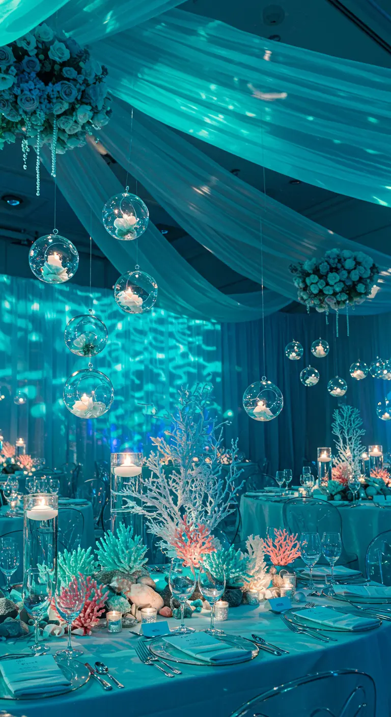 Onderwater thema bruiloftsdecoratie met blauwe verlichting, hangende kaarsen en koraal.