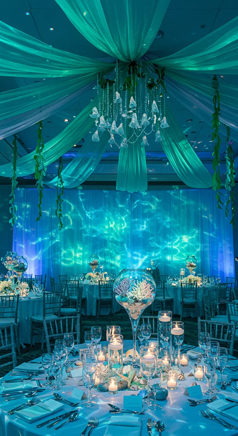 Onderwaterthema bruiloftsreceptie met blauwe draperieën, projecties en koraal centerpieces.