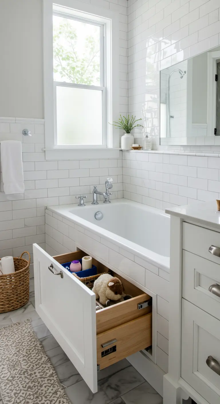 Witte badombouw met een open lade vol kinderspeelgoed en verzorgingsproducten.