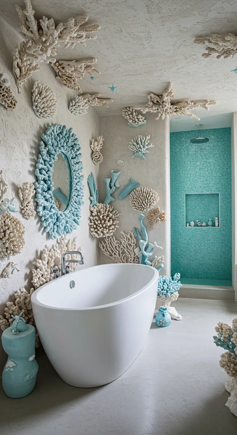 Badkamer met 3D-koraaldecor op muren, aquablauwe mozaïekdouche en wit bad.