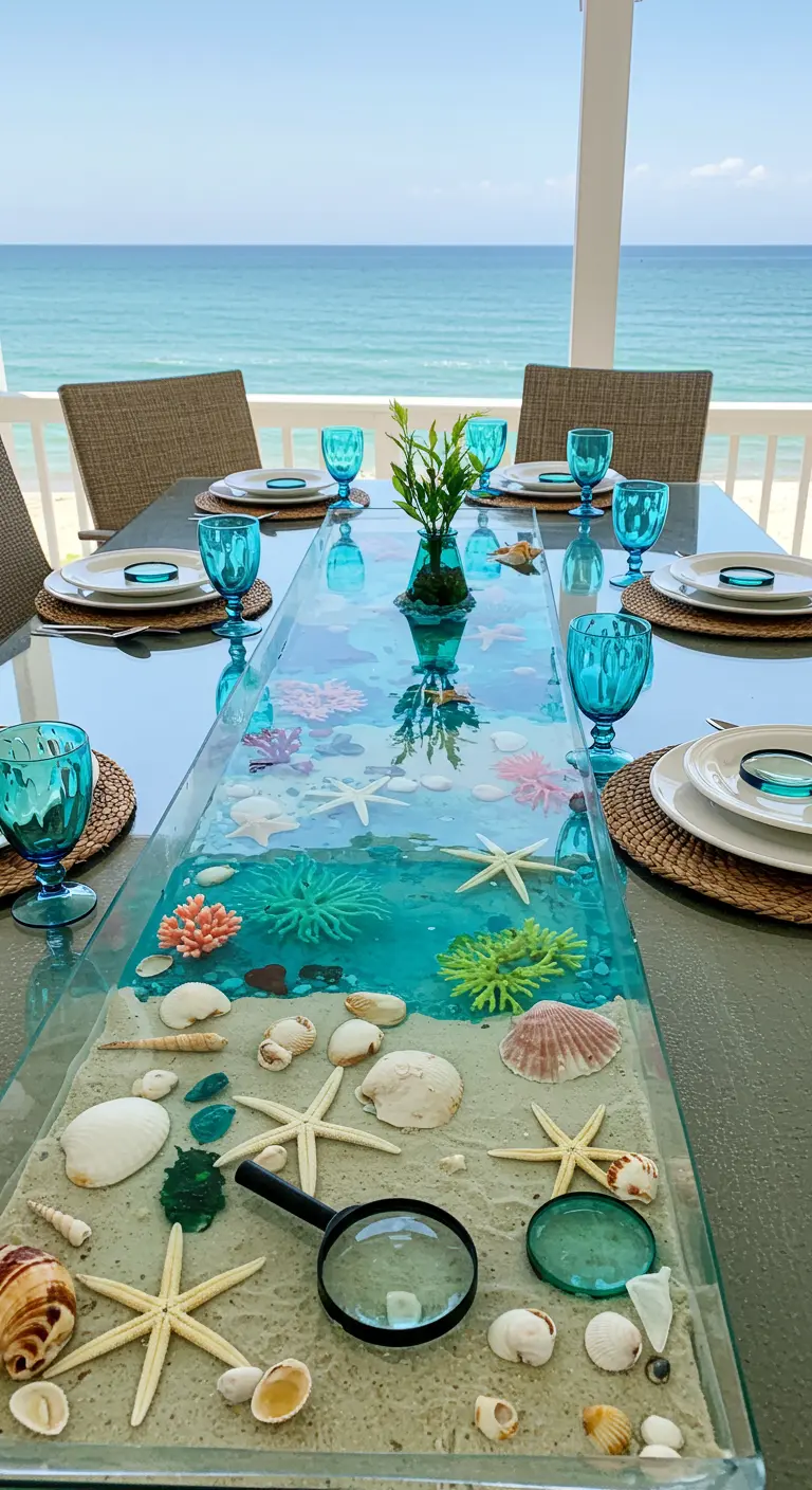 Tafel met uitzicht op oceaan, glazen tafelloper met zand, schelpen, zeesterren en koraaldecoratie.