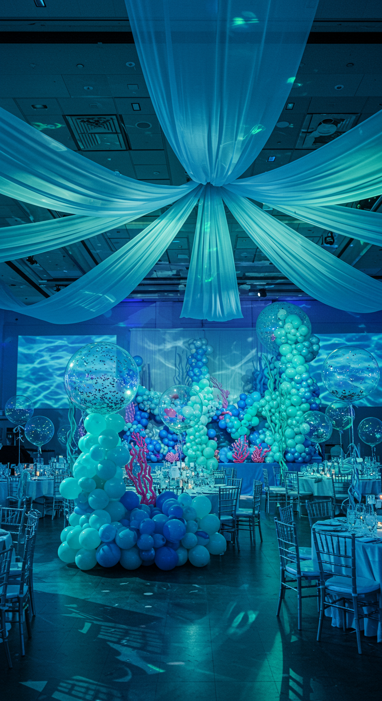 Onderwater thema feestdecoratie met blauwe en groene ballonnen.